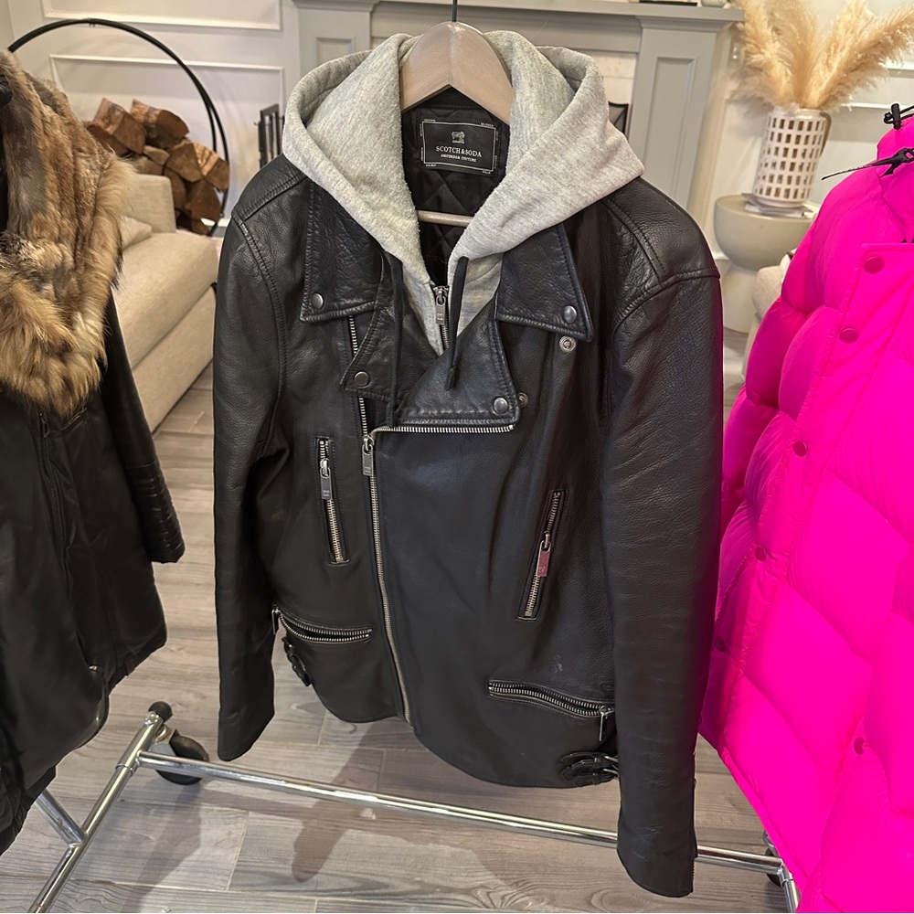 Scotch & Soda Black Leather Moto Jacket with Gray Hoodie Insert